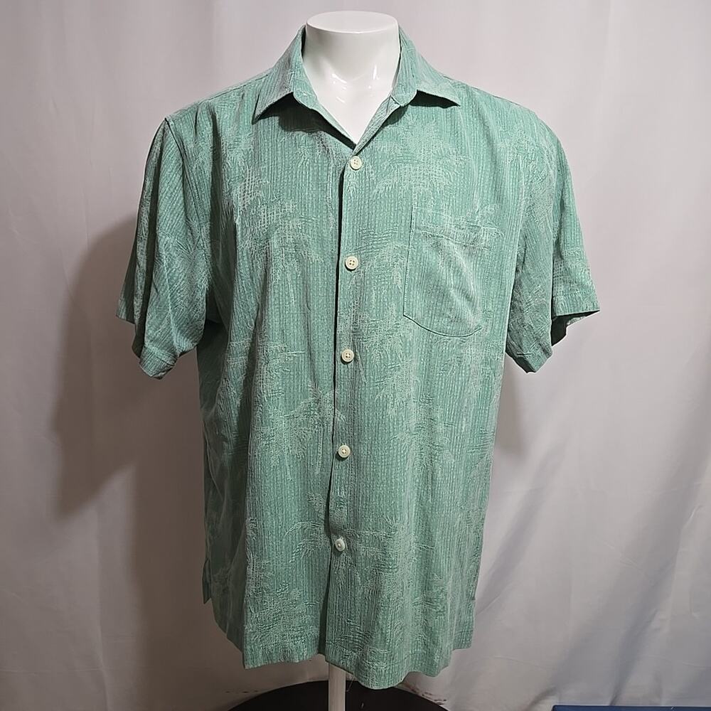 Tommy Bahama 100% Silk Shirt Mens Size Large Hawaiian Green Pockets Jacquard